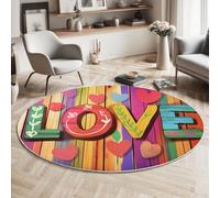 MIATCENRT Round Area Rug 90cm, Machine Washable Non-Slip Wood Board Love Heart Large Circle Rugs for Bedroom, Throw Soft Graffiti Art Print Colorful Carpet for Entryway Sofa Living Room