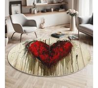 MIATCENRT Round Area Rug 90cm, Machine Washable Non-Slip Wood Grain Red Heart Large Circle Rugs for Bedroom, Throw Soft Ink Print Red Carpet for Entryway Sofa Living Room