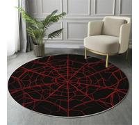 MIATCENRT Round Area Rug 90cm, Soft Fluffy Circle Carpet Red Thread Spider Web Rug, Non Slip Machine Washable Cyberpunk Print Floor Carpets Area Rugs for Living Room Bedroom, Black Red