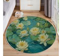 MIATCENRT Round Area Rugs Living Room, Oil Painting Classic Water Lily Print Carpet for Bedroom Circle Rug, Soft Non Slip Washable Bedside Rug for Kitchen Home Decor (90cm, Emerald Green)