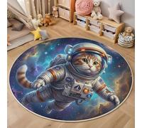 MIATCENRT Round Kids Play Rug Future Science Fiction Space Cat - Round 180cm Soft Non-Slip Crawling Play Mat for Children Toddlers Bedroom Playing Learning, Washable Classroom Rug