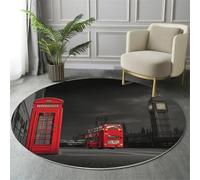 MIATCENRT Round Rug 120cm, Soft Machine Washable Ash Circle Rugs, London Street Bus Telephone Booth Print Non Slip Carpet for Living Room Kid’s Room Dining Room Bedroom Entryway