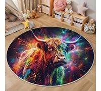MIATCENRT Round Rug 150cm Fantasy Art Soft Rug, Washable Neon Lights Highlcattle Print Indoor Non Slip Circle Carpet for Bedroom Entryway Living Room Dining Room Office