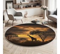 MIATCENRT Round Rug 180cm, Soft Machine Washable Brown-Orange Circle Rugs, Nature Animals Sunset Giraffe Print Non Slip Carpet for Living Room Kid’s Room Dining Room Bedroom Entryway