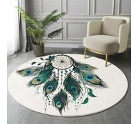 MIATCENRT Round Rug 180cm, Soft Machine Washable Dark Green Circle Rugs, Art Peacock Feathers Dreamcatcher Print Non Slip Carpet for Living Room Kid’s Room Dining Room Bedroom Entryway