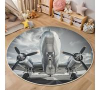 MIATCENRT Round Rug 180cm, Soft Machine Washable Light Gray Circle Rugs, Classic Retro Aircraft Print Non Slip Carpet for Living Room Kid’s Room Dining Room Bedroom Entryway