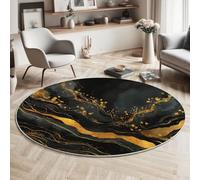 MIATCENRT Round Rug 90cm, Soft Machine Washable Black Gold Circle Rugs, Abstract Marble Swirl Print Non Slip Carpet for Living Room Kid’s Room Dining Room Bedroom Entryway