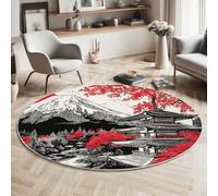 MIATCENRT Round Rug 90cm, Soft Machine Washable Black Red Circle Rugs, Ink Painting Japan Temple Cherry Blossoms Print Non Slip Carpet for Living Room Kid’s Room Dining Room Bedroom Entryway