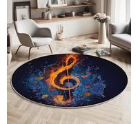MIATCENRT Round Rug 90cm, Soft Machine Washable Dark Blue Circle Rugs, Bohemia Water Fire Notes Print Non Slip Carpet for Living Room Kid’s Room Dining Room Bedroom Entryway