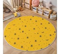 MIATCENRT Round Rug 90cm, Soft Machine Washable Yellow Circle Rugs, Cute Stars Eyelashes Print Non Slip Carpet for Living Room Kid’s Room Dining Room Bedroom Entryway