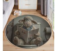 MIATCENRT Round Rug Living Room, Cute Humorous Designs Circle Carpet, Reading The Newspaper Little Lamb Washable Circular Floor Mats Short Pile Rug for Home Bedroom Decor (, 150cm)