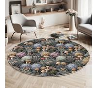 MIATCENRT Round Rug Living Room, Darkness Forest Designs Circle Carpet, Mushroom Plant Washable Circular Floor Mats Short Pile Rug for Home Bedroom Decor (Gray-Green, 200cm)