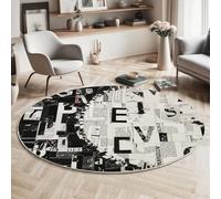 MIATCENRT Round Rug Living Room, Retro Collage Designs Circle Carpet, Newspaper Clippings Letters Washable Circular Floor Mats Short Pile Rug for Home Bedroom Decor (Black White, 120cm)