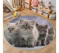 MIATCENRT Round Rugs 120cm Circle Washable Cute Kitten Area Rugs for Living Room, Soft Low-Pile Carpets with Non-Slip Backing, Light Gray Dreamlike Animal Carpet for Kid’s Bedroom