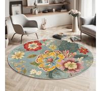 MIATCENRT Round Rugs 150cm Living Room, Flowers Leaves Non-Slip Area Rug, Machine Washable Floor Carpet, Light Blue Low Pile Soft Decoration Floral Circle Rug for Bedroom Kids Room Decor