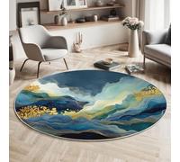 MIATCENRT Round Rugs 150cm Living Room, Waves Lines Non-Slip Area Rug, Machine Washable Floor Carpet, Blue Gold Low Pile Soft Abstract Watercolor Circle Rug for Bedroom Kids Room Decor