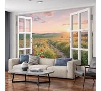 MIATCENRT Rural Landscape Wallpaper Wall Mural | Flower Field Window Poster Mural for Living Room Hotel Lobby Office, 350x256cm, Green Landscape Modern Silk Fabric Photo Wallpaper