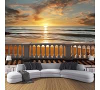MIATCENRT Sea Sunset Balcony Photo Wallpaper Beach View Wall Mural Silk Cloth Decor Art Poster Picture, Orange Print Photo Wallpaper for Living Room Bedroom Dorm Decor 200x150cm (WxH)