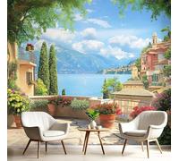 MIATCENRT Sea Terrace Flowers Wallpaper Wall Mural, 3D Effect Textured Architecture Landscape Photo Wallpapers, 250x175cm (WxH) Silk Cloth Blue Large Mural Art Wall Covering, for Living Room Bedroom