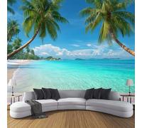 MIATCENRT Sea Water Palm Trees Photo Wallpaper Tropical Island Wall Mural Silk Cloth Decor Art Poster Picture, Deep Blue Print Photo Wallpaper for Living Room Bedroom Dorm Decor 300x210cm (WxH)