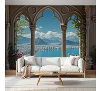 MIATCENRT Silk Fabric Gothic Style Window View Wallpaper - Bay City Wall Mural for Bedroom, Living Room Background Decoration, Large Mural Room Decor Photo Wall Paper 400x280cm (WxH)