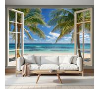 MIATCENRT Silk Fabric Minimalist Window View Wallpaper - Tropical Beach Wall Mural for Bedroom, Living Room Background Decoration, Large Mural Room Decor Photo Wall Paper 200x140cm (WxH)