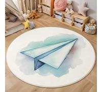 MIATCENRT Soft Pile Round Rug With Rubber Backing, Simple 180cm Non Slip Area Rugs, Watercolor Paper Airplane Light Blue Rug, Washable Carpet for Bedroom, Dining, Office and Kids Room