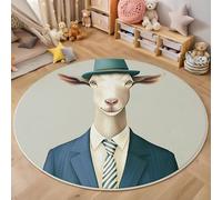 MIATCENRT Suit Goat Round Area Rug 150cm, Soft Washable Non Slip Low-Pile Circle Thin Rugs, Cartoon Character Printed Carpet for Living Room Kitchen Bedroom Dining Room Light Gray