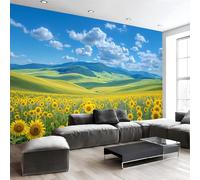 MIATCENRT Sunflower Field Photo Wallpaper Summer Landscape Wall Mural Silk Cloth Decor Art Poster Picture, Yellow Blue Print Photo Wallpaper for Living Room Bedroom Dorm Decor 350x256cm (WxH)