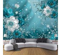 MIATCENRT Swirls Flowers Turquoise Wallpaper Mural, 3D Effect Elegant Floral Wall Mural for Furniture, Silk Fabric Print Photo Wallpaper for Bedroom Bathroom Living Room Decor 400x280cm (WxH)