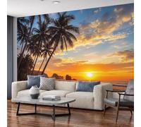 MIATCENRT Tropical Beach Coconut Grove Sunset Wallpaper Wall Mural | Silk Wallpaper for Living Room Bedroom, Large Feature Wall Covering, Orange Wall Decor, Easy Installation, 400x280cm