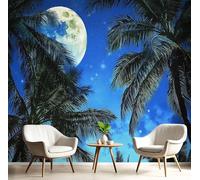 MIATCENRT Tropical Landscape Silk Cloth 3D Photo Wallpaper Mural, Palm Trees Moon Wallcoverings, 200x150cm (WxH) Indoor Blue Wall Painting for Bedroom Living Room TV Backdrop Home Decoration
