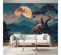 MIATCENRT Wall Mural Full Moon Rocks Pagoda 300x210cm Photo Wallpaper, Traditional Landscape 3D Print Silk Fabric Large Poster Mural for Living Room Bedroom TV Sofa Background Family Wall Decor