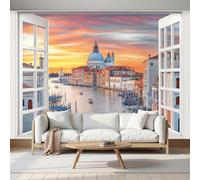 MIATCENRT Wall Mural Wallpaper 3D Window View Window Effect Venice Canals, Custom Size Photo Wallpaper Orange Modern Art Walls Painting for Living Room Bedroom Office Decor 350x256cm