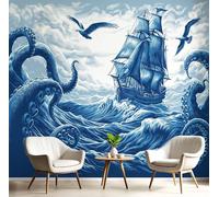 MIATCENRT Wall Murals 400x280cm, Sea Monster Sailboat Pattern Wall Painting, Illustration Style Large Photo Wallpaper for Living Room Bedroom Bathroom Dining Room Kid's Room Home Decor