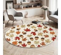 MIATCENRT Washable Round Area Rug 150cm, Non Slip Thin Circle Carpet Earth Color Rug, Autumn Theme Acorns Leaves Circular Rugs, Non Shedding Carpet for Children's Room Bedroom Hallway