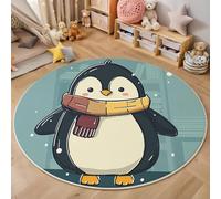 MIATCENRT Washable Round Area Rug 90cm, Non Slip Thin Circle Carpet Gray-Blue Rug, Cartoon Character Scarf Penguin Circular Rugs, Non Shedding Carpet for Children's Room Bedroom Hallway