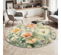MIATCENRT Watercolor Flowers Round Rug, Soft Washable Non-Slip Poppies Daisies Light Green Circle Carpet, Chic Faux Wool Low-Pile 90cm Circular Throw Rugs for Bedroom/Nursery/Living Room