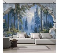 MIATCENRT Watercolor Landscape 3D Photo Wallpaper Mural, Broken Wall Forest Blue Silk Fabric Art Print Murals, Indoor Wall Painting for Living Room Tv Backdrop Home Office Decor 350x256cm (WxH)