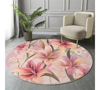 MIATCENRT Watercolor Lily Round Area Rug 150cm, Soft Washable Non Slip Low-Pile Circle Thin Rugs, Flowers Art Printed Carpet for Living Room Kitchen Bedroom Dining Room Pink