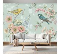 MIATCENRT Watercolor Vintage Style Wallpaper, Birds Flowers Wall Mural, Light Green Mural Wallpaper for Living Room, Bedroom, Dinning Room, Large Background - 200x140cm (Not Peel and Stick)