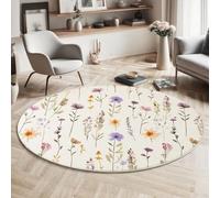 MIATCENRT Watercolor Wildflowers Round Area Rug 180cm, Soft Washable Non Slip Low-Pile Circle Thin Rugs, Nature Flowers Printed Carpet for Living Room Kitchen Bedroom Dining Room Light Purple