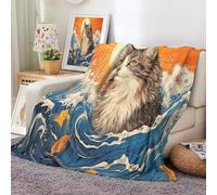MIATCENRT Waves Cats Blanket Throw, Japan Art Funny Blankets Gift for Kids, Soft Cozy Lightweight Flannel blue-orange Lover Throw Blanket for Sofa Couch Bed Decor(100x130cm )
