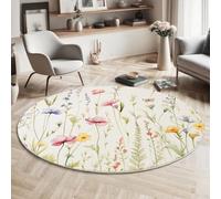 MIATCENRT Wildflowers Dragonfly Round Area Rug 120cm, Soft Washable Non Slip Low-Pile Circle Thin Rugs, Watercolor Flowers Printed Carpet for Living Room Kitchen Bedroom Dining Room Pink Green