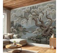 MIATCENRT Willow Trees Lake Photo Wallpaper Chinese Style Landscape Wall Mural Silk Cloth Decor Art Poster Picture, Gray-Green Print Photo Wallpaper for Living Room Bedroom Dorm Decor 450x315cm (WxH)