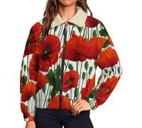 MIATCENRT Women's Full Zip Polar Fleece Soft Jacket, Warm Winter Poppy Print Coat With Pockets, flowers Long Sleeve Lapel Loose Thickened Outerwear for Outdoor Sport