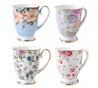 MIATTCLD 4 Piece Floral Bone China Mug Set - Wide Tea Coffee and Hot Chocolate Cups - 11 oz / 312ml