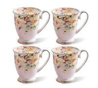 MIATTCLD 4 Piece Porcelain Coffee Mugs Set - Bone China Floral Coffee Tea Water Cup and Hot Chocolate Cups - Great Gift for Lovers - 11 oz/312 ml (Pink)