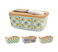MIATTCLD Butter Dish with Lid, 5.8" Large, Ceramic & Wood, Silicone Sealed, Boho 2 Floral Pattern
