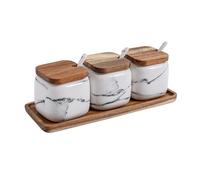 MIATTCLD Ceramic Salt and Sugar Container Set with Wooden Tray, 3pcs Porcelain Seasoning Jars with Lids and Spoons, Condiment Pot Pepper Spice Storage Canister for Home Kitchen Counter